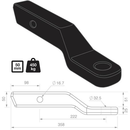 2 Inch Drop Forged Tow Ball Mount 222mm Long 50mm Hitch