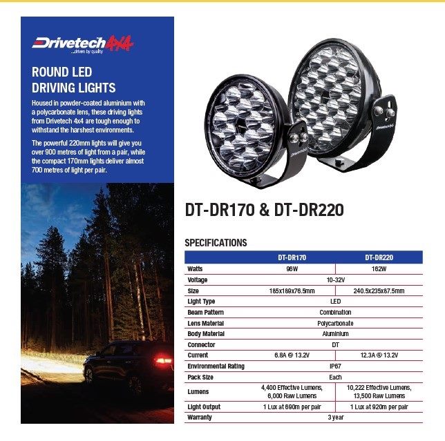 Drivetech 4X4 170mm Round LED Driving Light Black Powder Coated.3 Year Warranty
