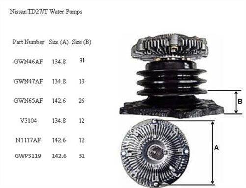TD27T WATER PUMP TD27 DIESEL (MULTIPLE MEASUREMENTS) NISSAN NAVARA TERRANO ATLAS